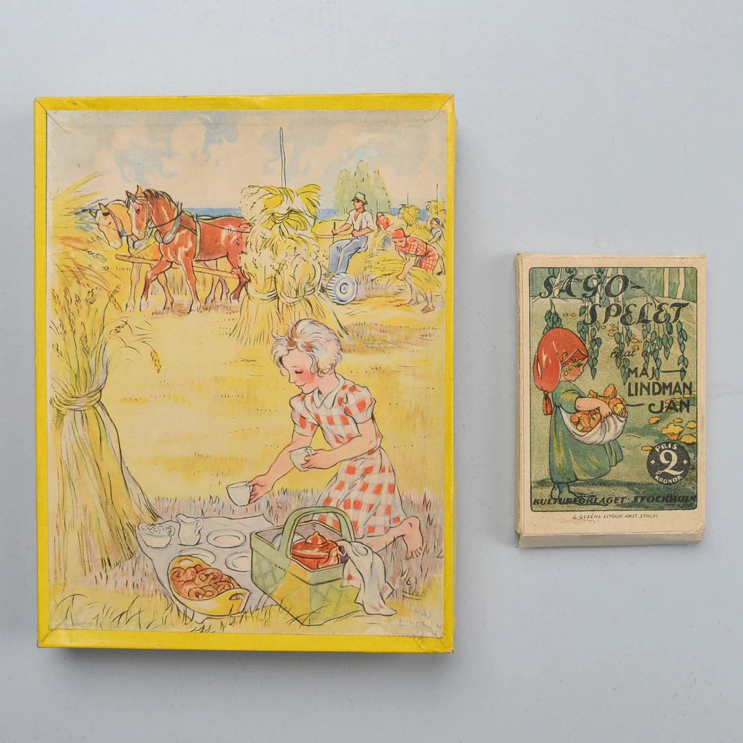 MAJ LINDMAN. Sagospelet. Ett kortspel. Kulturförlaget. Stockholm, 1920´s. + Wooden jigsaw puzzle, 1940s/50s. — Books — Formstad Auktioner
