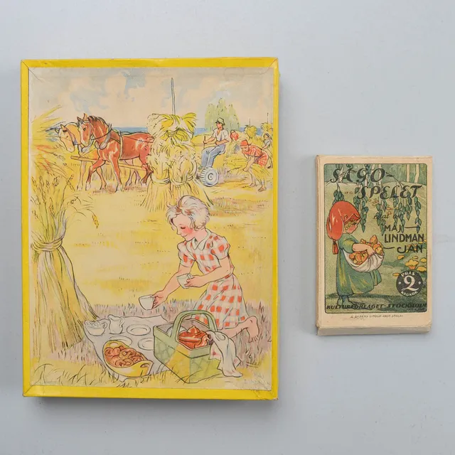 MAJ LINDMAN. Sagospelet. Ett kortspel. Kulturförlaget. Stockholm, 1920´s. + Wooden jigsaw puzzle, 1940s/50s.