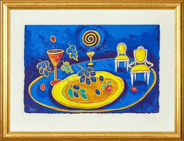 INGBRITT IRENE LAGERBERG (FÖDD 1943):. Stilleben med stolar, fat och glas, signerad II, numrerad 91/190, färglitografi.