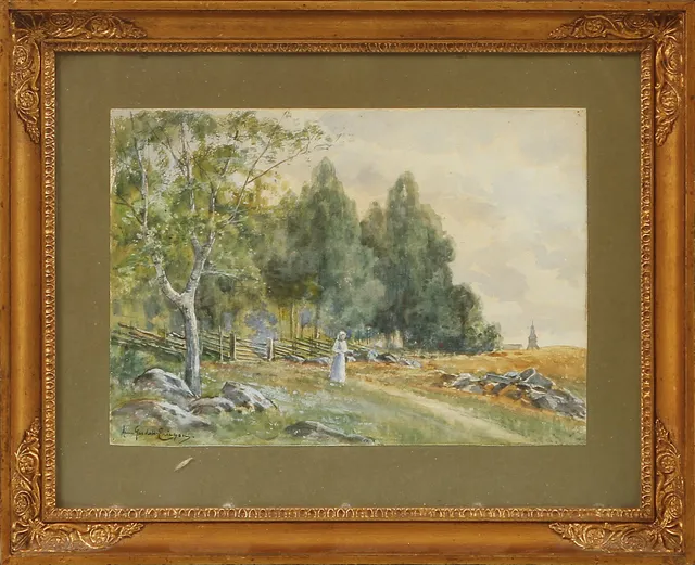 ANNA GARDELL ERICSON. Landskapsbild med figur, akvarell, signerad.