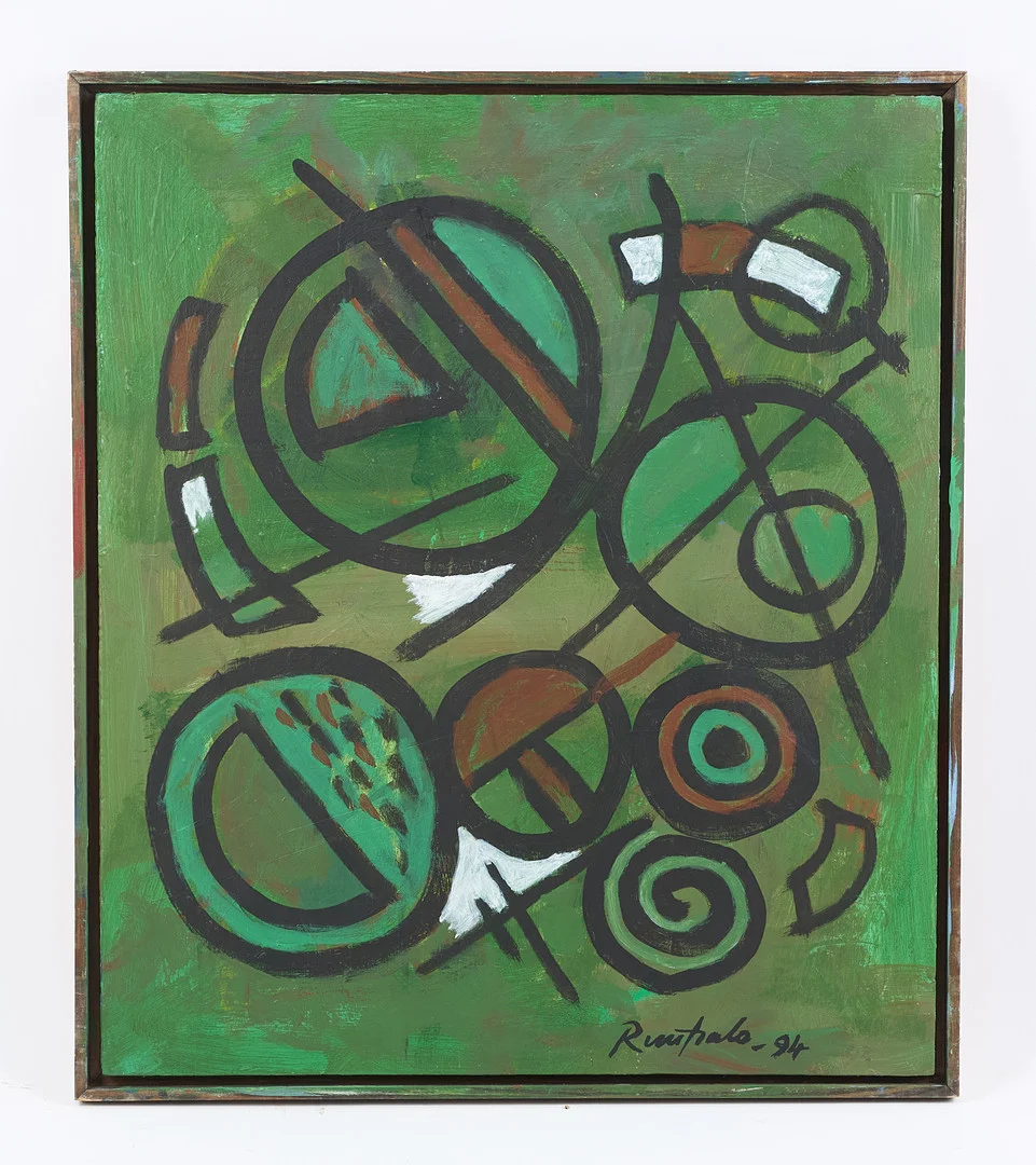EINO RUUTSALO. "Kinetisk komposition mot grön bakgrund", signerad samt daterad -94, akryl på pannå. — Paintings — Stockholms Auktionsverk Helsinki