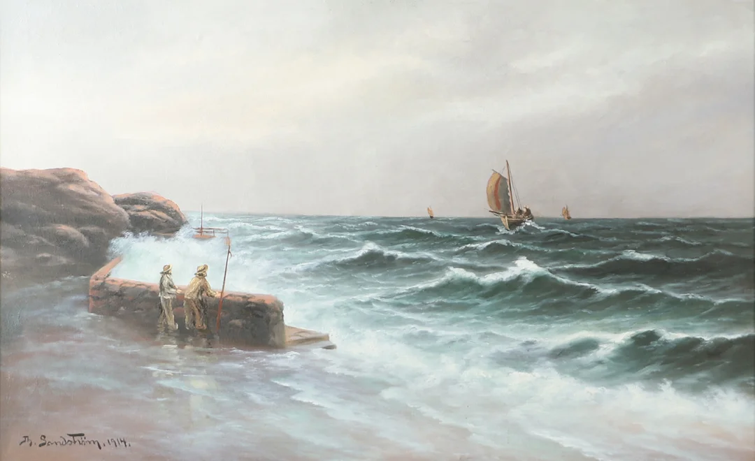 THERESIA SANDSTRÖM. Kustparti med båtar, olja på duk, signerad Th. Sandström 1914. — Paintings — Helsingborgs Auktionskammare