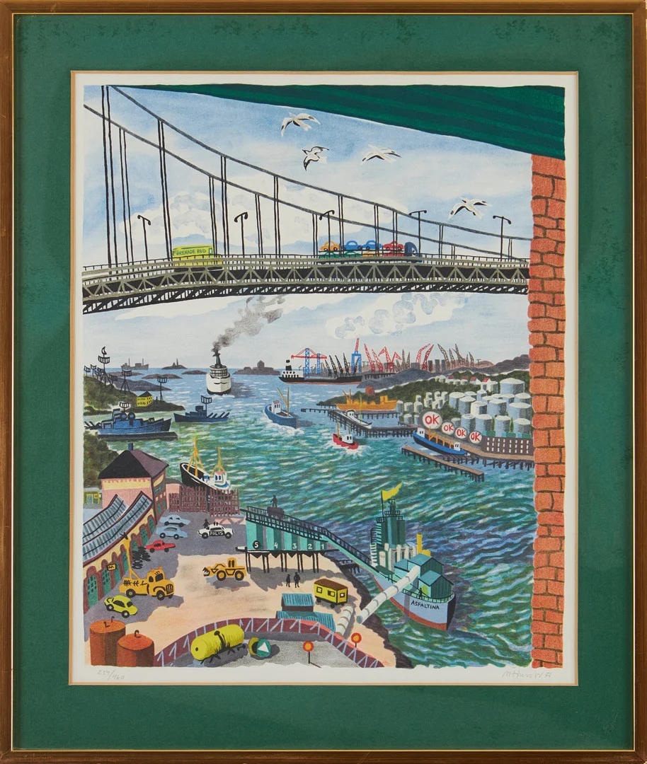 MONA HUSS WALIN. "Älvsborgsbron", färglitografi. — Engravings & Prints — Stockholms Auktionsverk Magasin 5