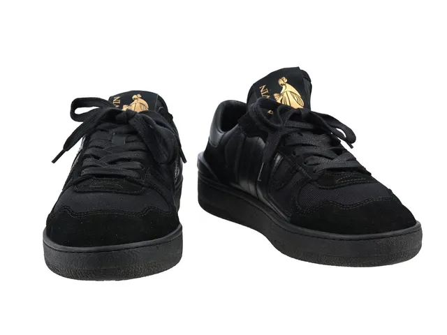 SKOR, LANVIN, Sneakers Basse Clay, svart läder, svart mocka, Logo, stl 37, skopåse, kartong.