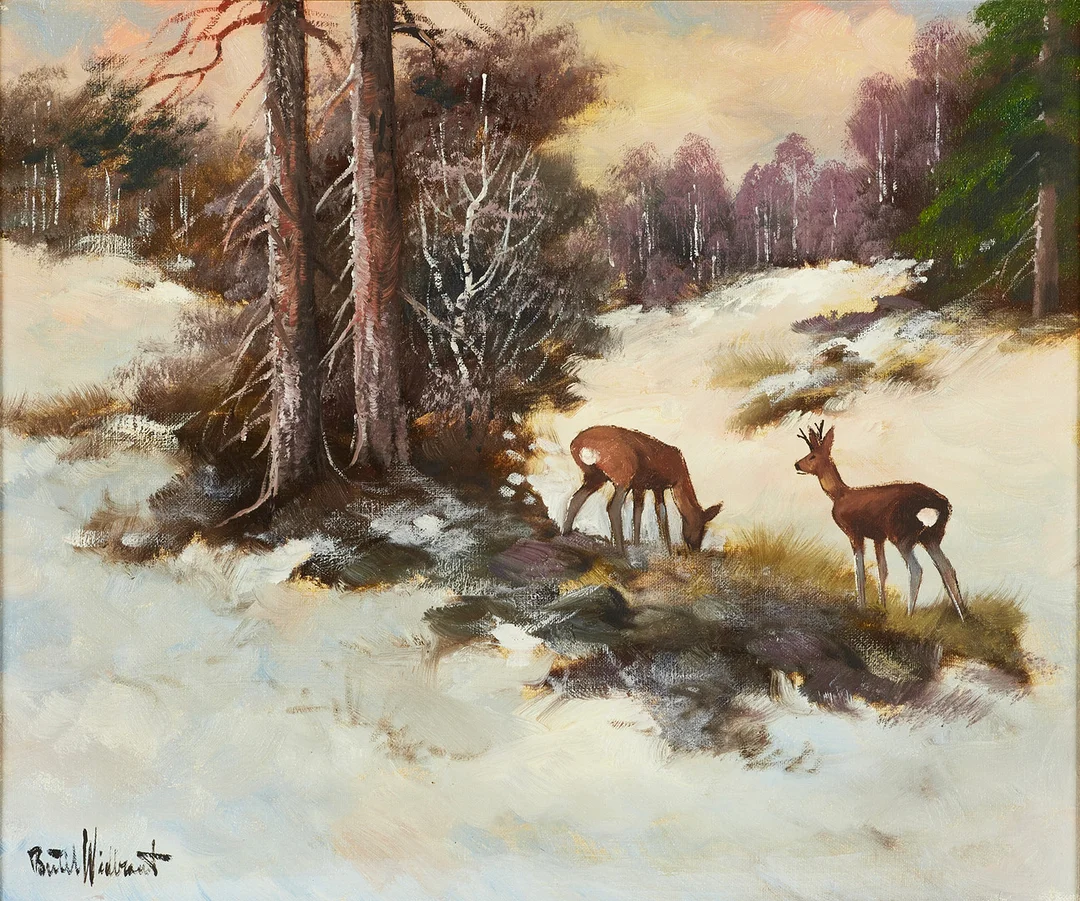 BERTIL WIDBRANDT (1914-1988). Råddjur i vinterlandskap, signerad, olja på duk. — Paintings — Crafoord Auktioner Stockholm