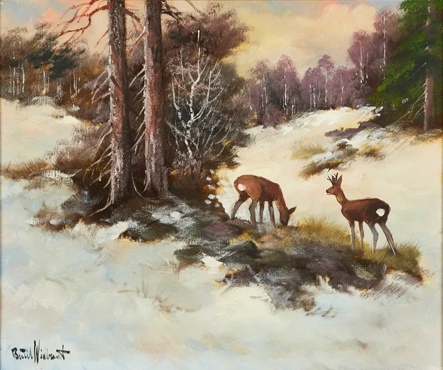 BERTIL WIDBRANDT (1914-1988). Råddjur i vinterlandskap, signerad, olja på duk.