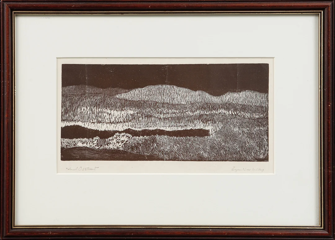 HELMER OSSLUND. "Ångermanländskt landskap", träsnitt, signerad. — Engravings & Prints — Göteborgs Auktionsverk