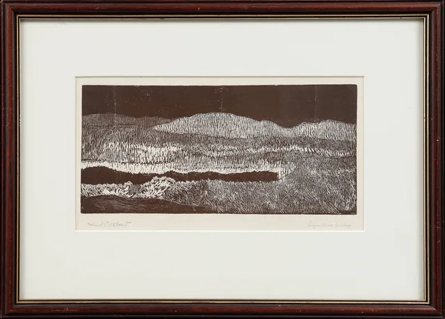 HELMER OSSLUND. "Ångermanländskt landskap", träsnitt, signerad.