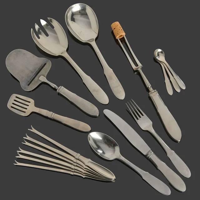 GUNDORPH ALBERTUS. "Mitra", bestick, 16 dlr., för Georg Jensen, Danmark, rostfritt stål, formgiven 1941.
