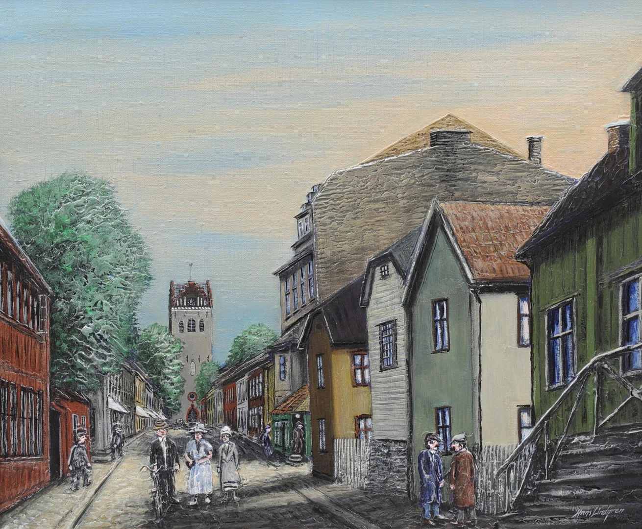 HANS LINDGREN. "Sandgärdsgatan i Växjö med Båtsmansbacken", olja på duk, signerad. — Paintings — Växjö Auktionskammare
