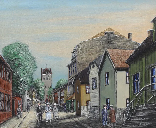HANS LINDGREN. "Sandgärdsgatan i Växjö med Båtsmansbacken", olja på duk, signerad.
