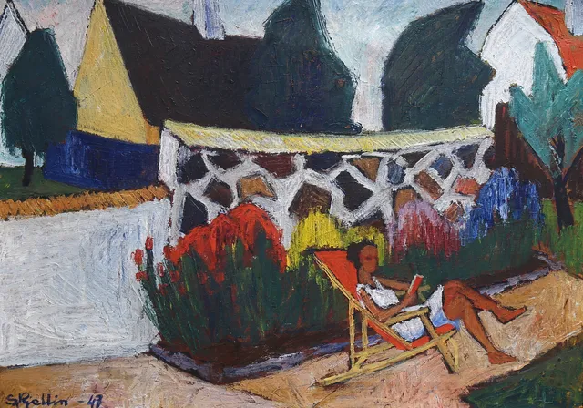 STIG KJELLIN. "Framför blomstermuren", olja på duk, signerad, daterad 1947 .