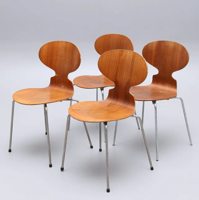 ARNE JACOBSEN. Stolar, 4 st, modell "Myran", Fritz Hansen, Danmark, 1960-tal.