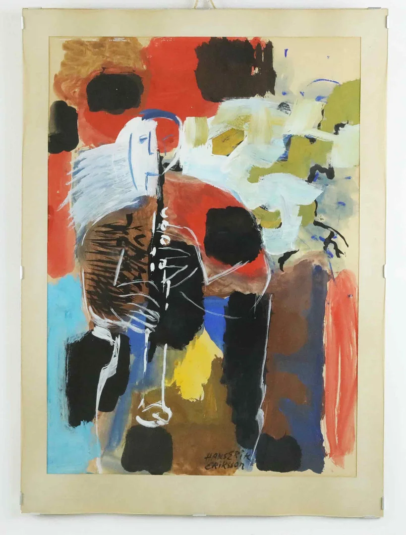 HANS-ERIK ERIKSSON (1921-1997). Akvarell, Komposition, Föreställande Putte Wikman, signerad. — Engravings & Prints — Hälsinglands Auktionsverk