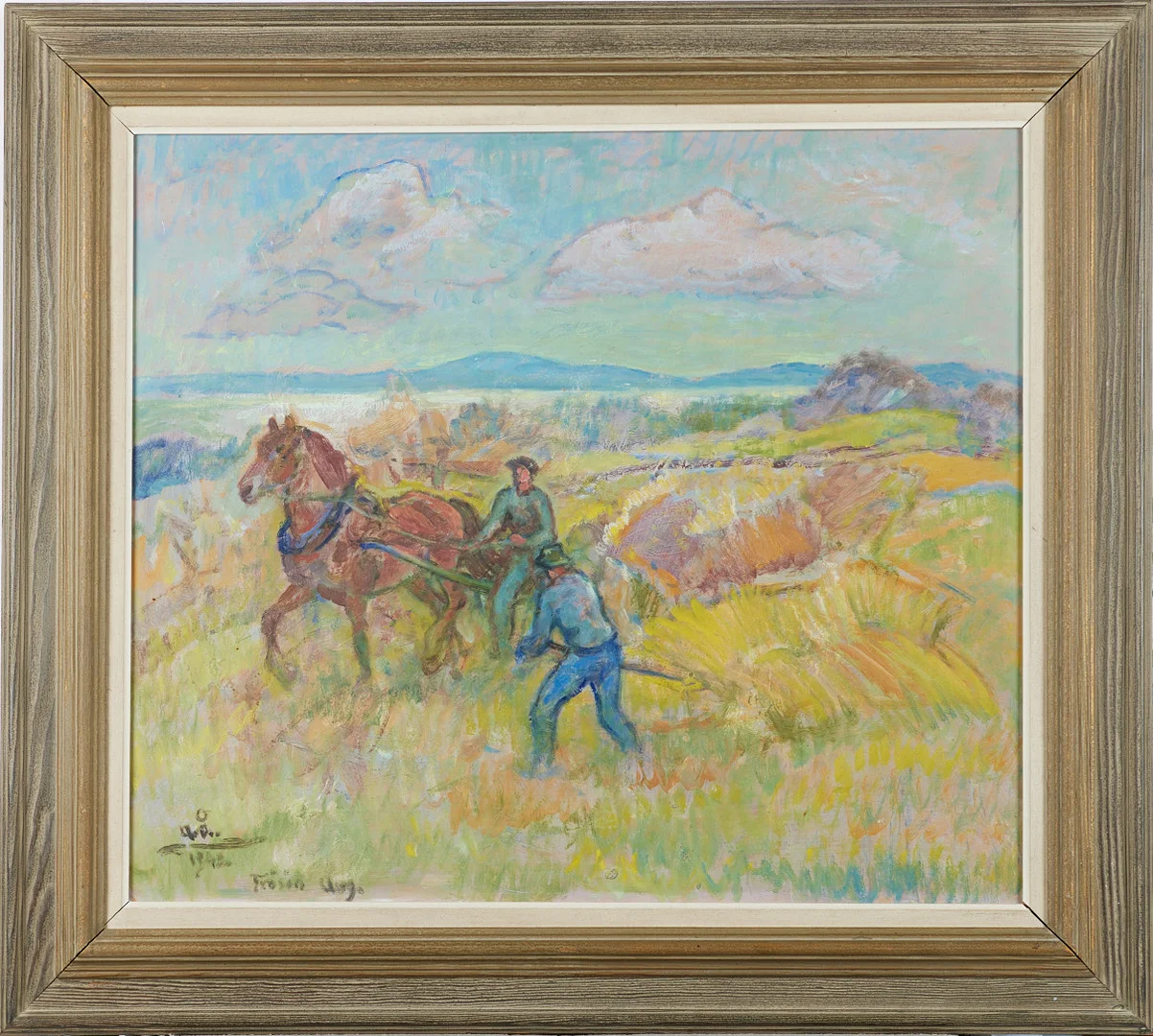 ACKE ÅSLUND. Frösön, olja på pannå, monogramsignerad samt daterad 1942. — Paintings — Stockholms Auktionsverk Magasin 5