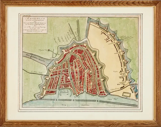 AMSTERDAM, karta, Jan Wagenaar 1700-tal. Kolorerat kopparstick.