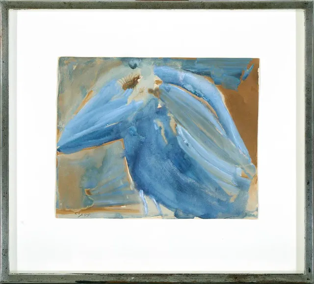 Blue bird. Signed chp 45. With dedication on the reverse: “Julen 1945 - Kære Fru Johansen - Glædelig jul ønskes af Else og Carl-Henning” (Christmas 1945 - Dear Mrs. Johansen - Merry Christmas from Else and Carl-Henning). Watercolour and gouache on paper. Sheet size 21.5×27 cm.