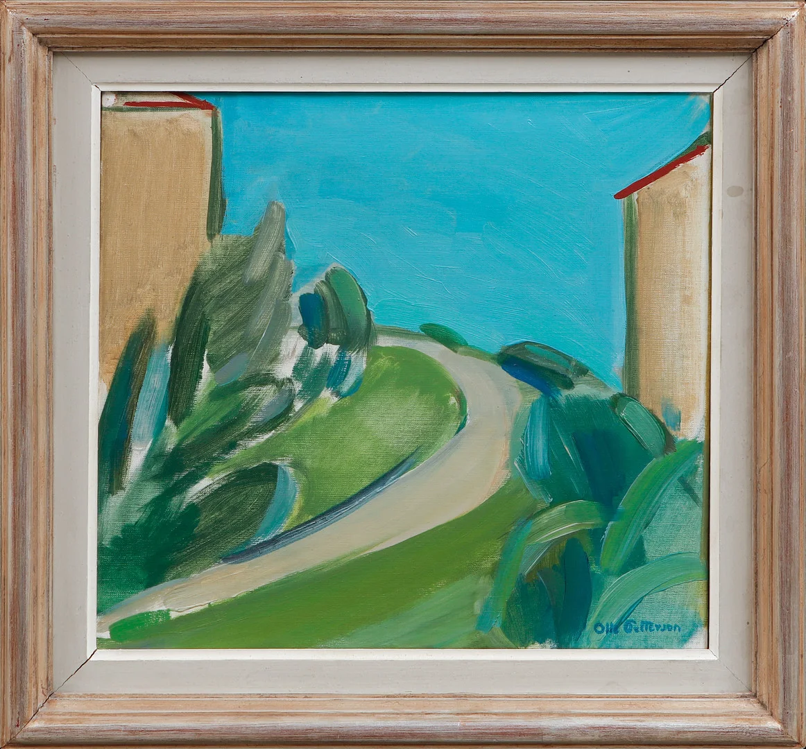 OLLE PETTERSON. Landskap med hus och väg, olja på duk, signerad. — Paintings — Göteborgs Auktionsverk