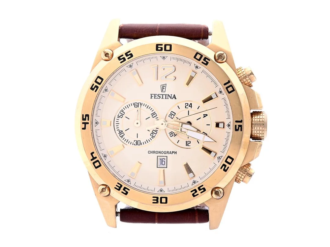 Festina Gold Leather Chrono, stål, 46mm, quartz, kronograf, datum, safirglas, boettnr.F16880, läderband, med box — Klockor/Festina — Kaplans