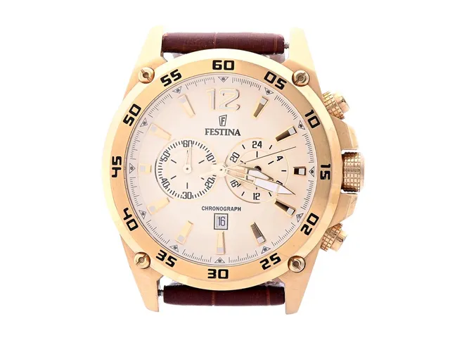 Festina Gold Leather Chrono, stål, 46mm, quartz, kronograf, datum, safirglas, boettnr.F16880, läderband, med box