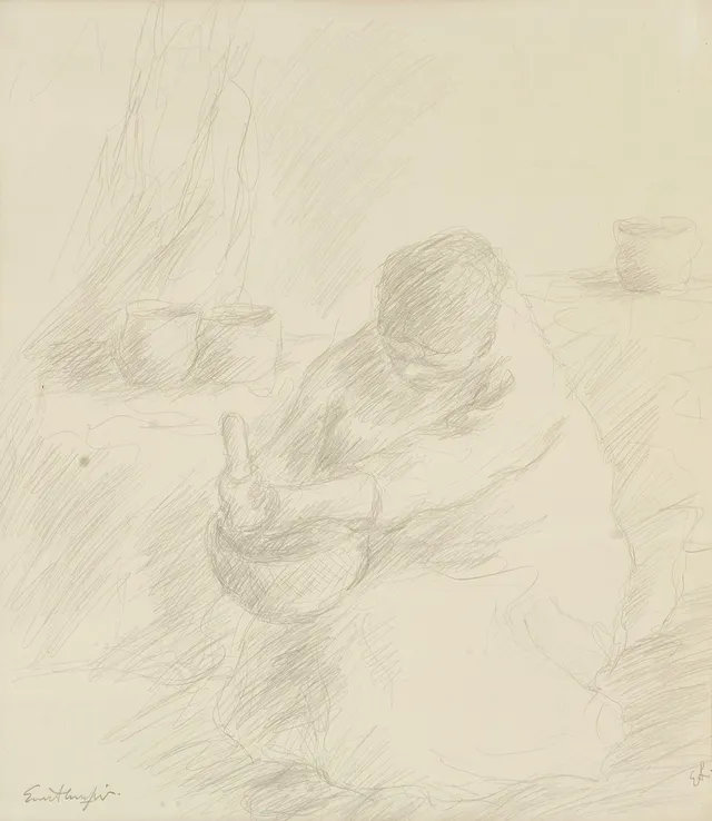 EVERT LUNDQUIST (1904-1994). Komposition med kvinna, dubbelt signerad, blyertsteckning.