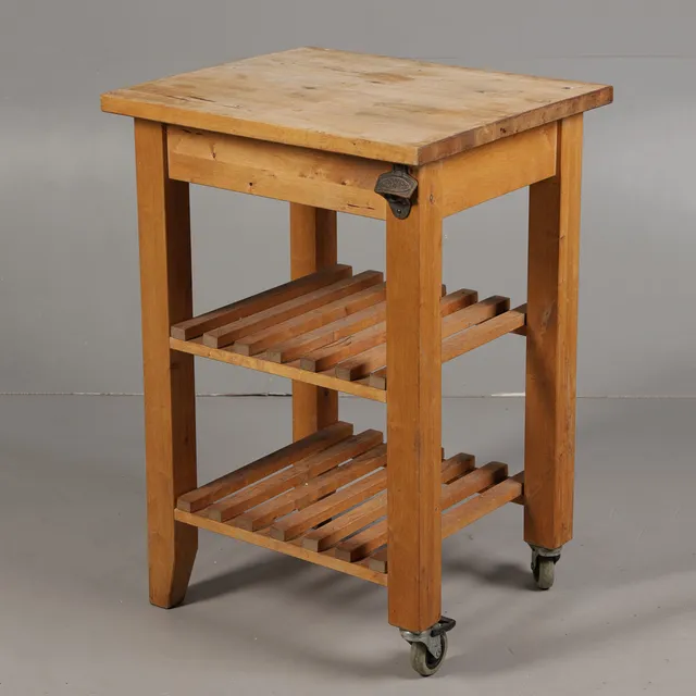 A BEECH THREE TIER BUTCHERS BLOCK/ TROLLEY.