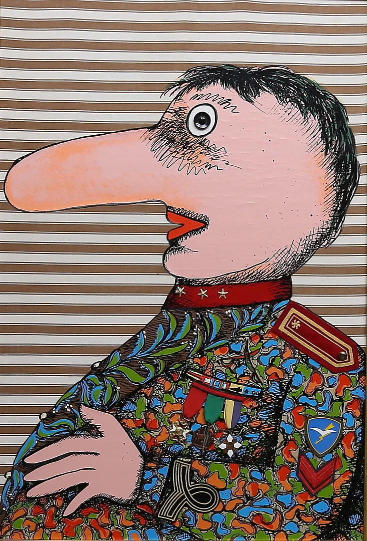 ENRICO BAJ. "Le Baron Gay de Vernon expert". Blandteknik/collage, signerad och numrerad 46/90 a tergo samt på medalj. — Paintings — Gomér & Andersson Linköping