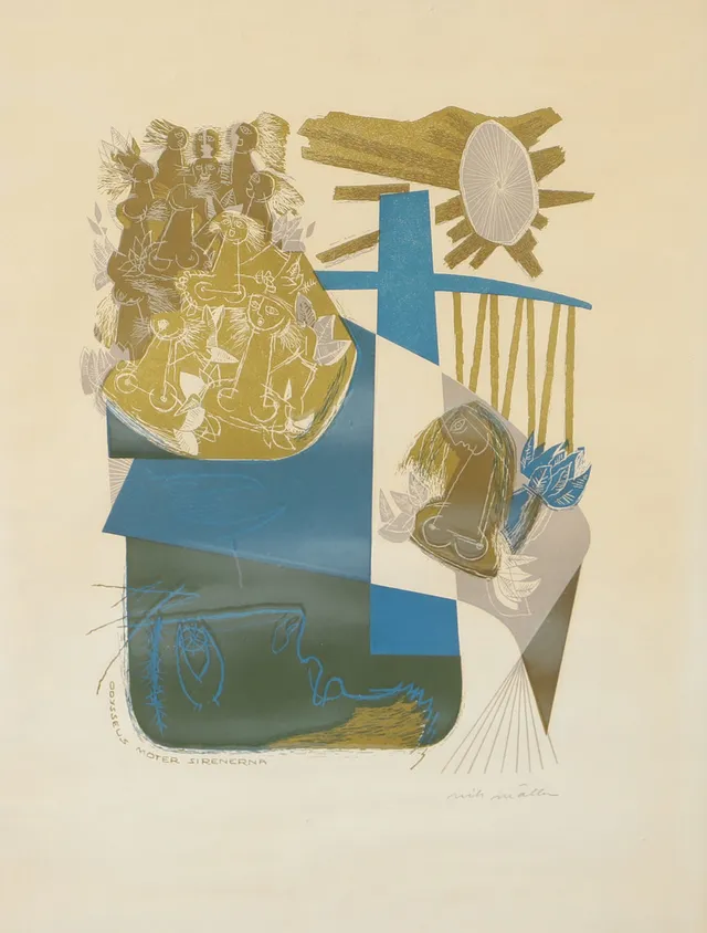 NILS MÖLLER. Odysseus möter sirenerna, färglitografi, signerad.