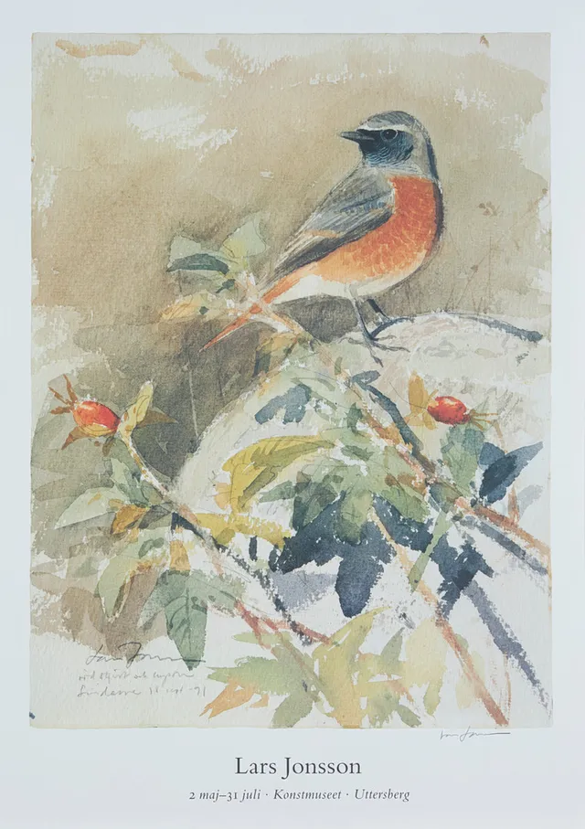 LARS JONSSON. utställningsaffisch, "Lars Jonsson 2 Maj - 31 Juli Konstmuseet, Utterberg", färglitografiskt tryck, signerad Lars Jonsson.