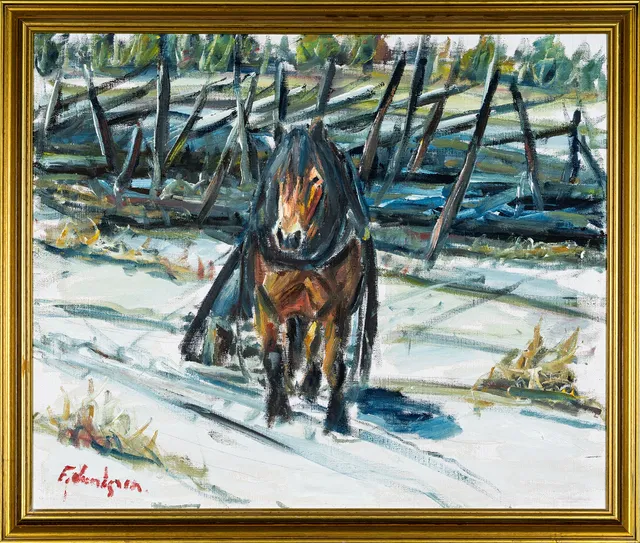 FRED LUNDGREN. Olja på duk, Häst-motiv, Signerad, 1900-tal.