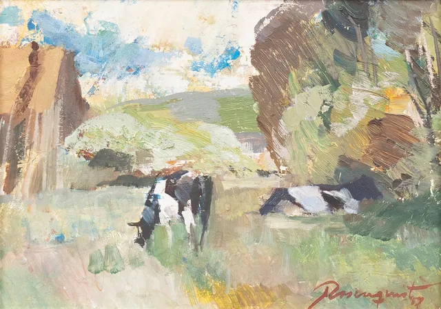 HANS ROSENQUIST (1913-2012). Kor i landskap, olja på pannå, signerad.