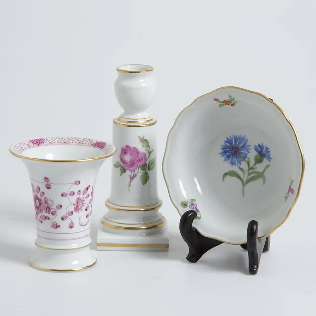 VAS, SKÅL SAMT LJUSSTAKE, porslin, Meissen.