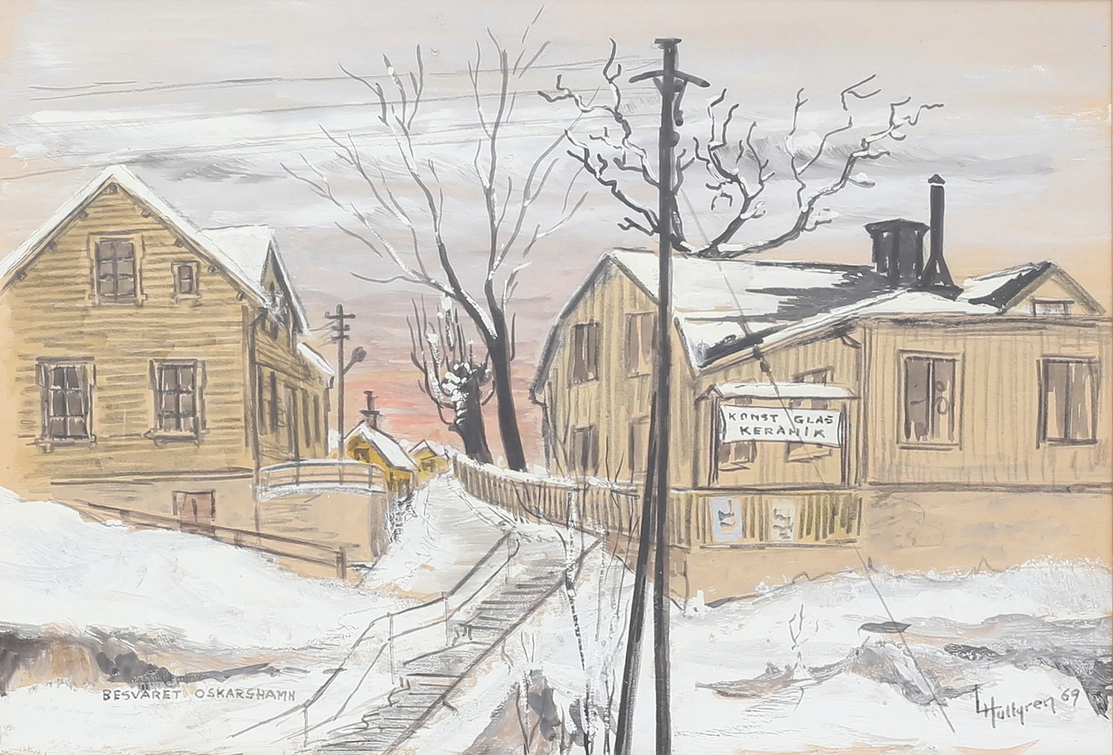 LARS HULTGREN. "Besväret Oskarshamn", blandteknik, signerad, daterad 69. — Paintings — Auktionshuset Thelin & Johansson