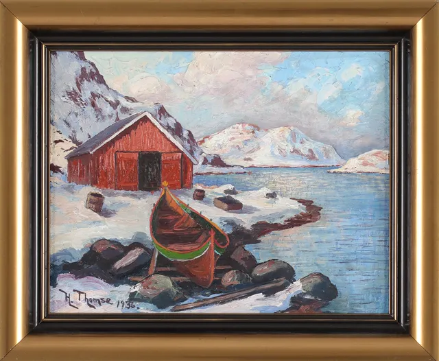 HARRY THOMSE. Motiv från Havnø, Lofoten, olja på pannå, signerad och daterad 1936.