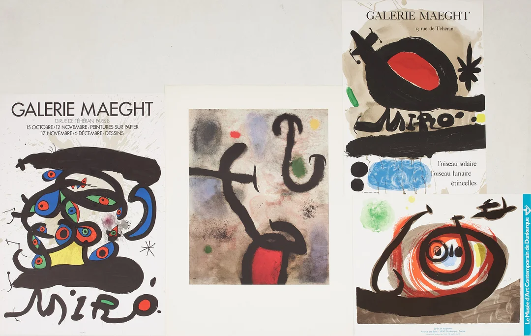 JOAN MIRÓ. EFTER. Utställningsaffischer, 3 + 1 st, Galerie Maeght “l'oiseau solaire, l'oiseau lunaire étincelles”, "Le Musée d'Art Contemporain de Dunkerque". — Engravings & Prints — Stockholms Auktionsverk Sickla