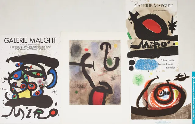 JOAN MIRÓ. EFTER. Utställningsaffischer, 3 + 1 st, Galerie Maeght “l'oiseau solaire, l'oiseau lunaire étincelles”, "Le Musée d'Art Contemporain de Dunkerque".