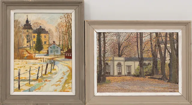 HJALMAR STRÅÅT. 2 st Motiv från Rosendals resp. Margeretelunds slott, olja på pannå, signerade 1940-tal.