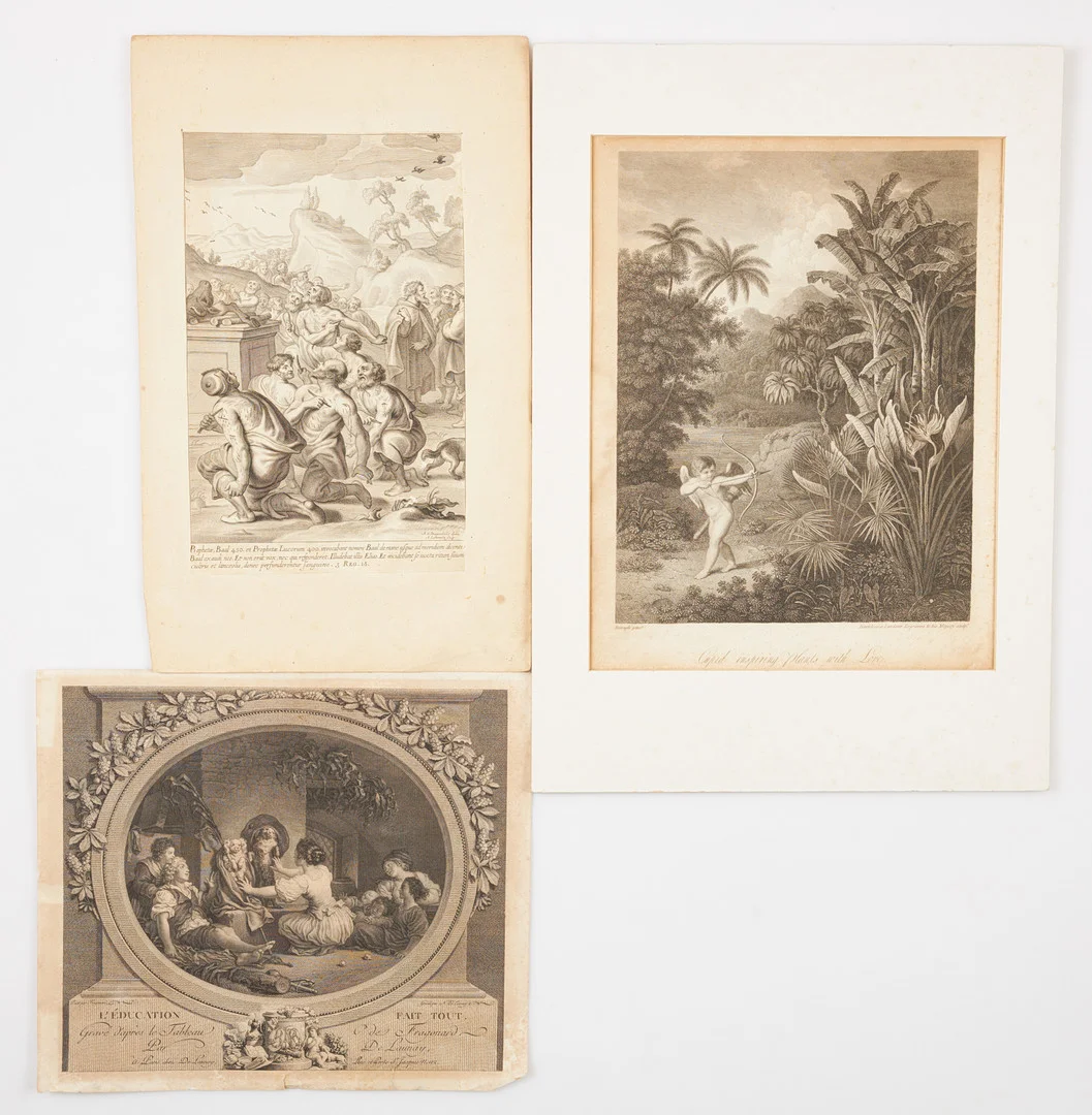 GRAVYRER, 3 st, figurscener, lösa blad, gravyrer av Nicolas de Launay, Adriaen Lommelin samt Bartolozzi & Landseer, 16-1800-tal. — Engravings & Prints — Stockholms Auktionsverk Sickla