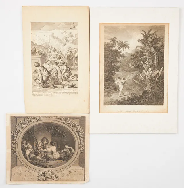 GRAVYRER, 3 st, figurscener, lösa blad, gravyrer av Nicolas de Launay, Adriaen Lommelin samt Bartolozzi & Landseer, 16-1800-tal.
