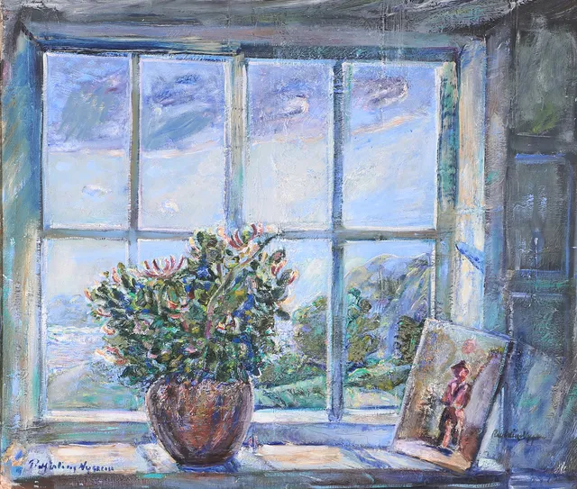 ROLF ERLING NYGREN. Blomma i fönster, olja på duk, signerad.