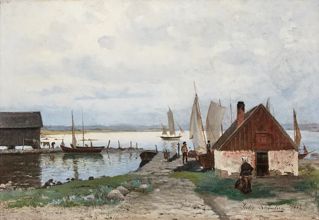 JULIA STRÖMBERG. Skärgårdsliv, olja på duk, 42,5 x 60,5 cm.