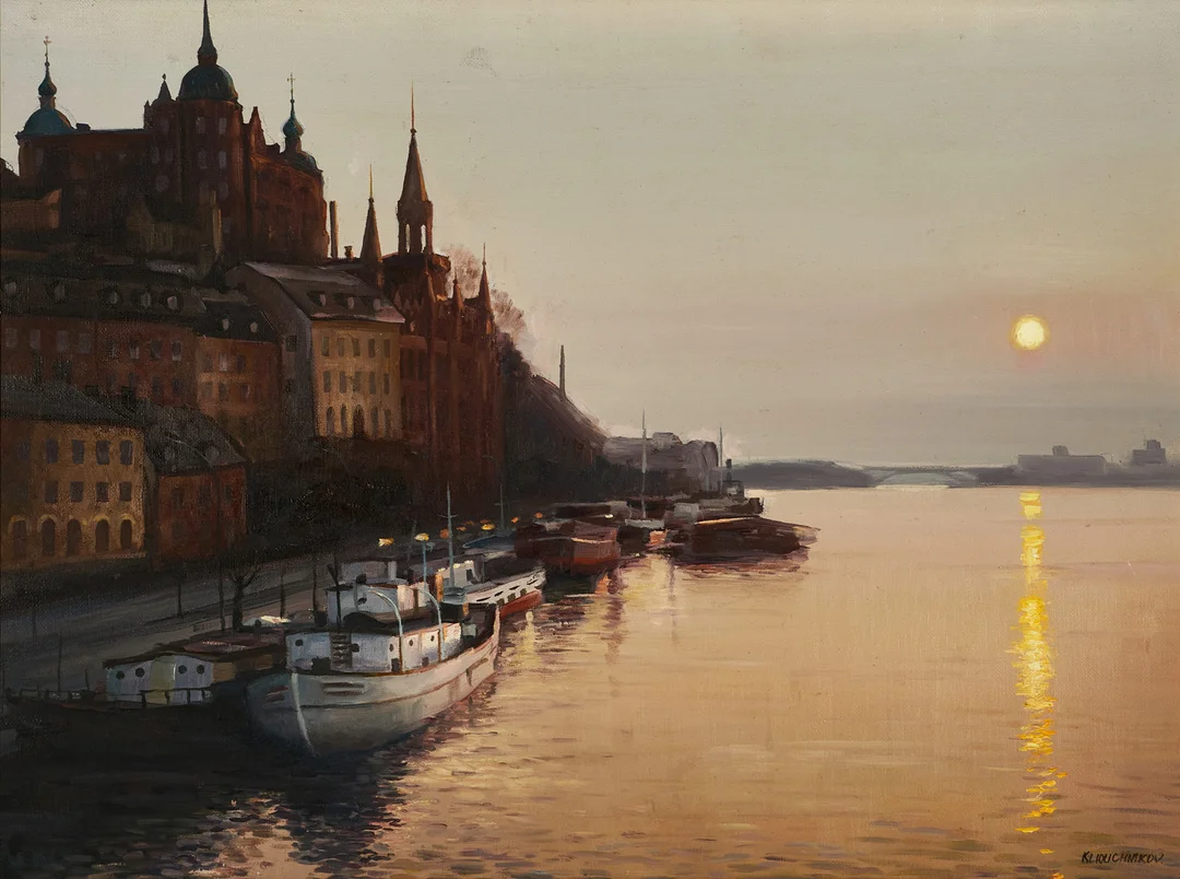 VJETESLAV KLIUCHNIKOV (FÖDD 1956). Vy mot Söder Mälarstrand, signerad, olja på duk. — Paintings — Crafoord Auktioner Stockholm
