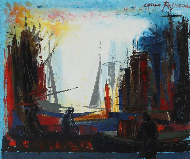 “Morgenstund i havnen” (Morning in the Harbour), 1974. Signed Carlo Rosberg; signed, titled and dated on the reverse. Oil on canvas. 46×56 cm.