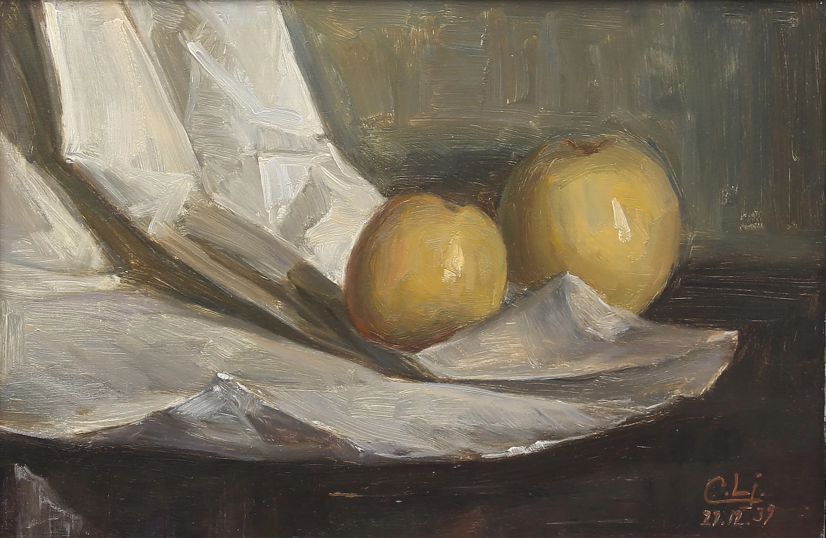 CARL LJUNGBERG. Stilleben med äpplen. Olja på pannå, signerad och daterad 29.12.39. — Paintings — Auktionshuset Thelin & Johansson