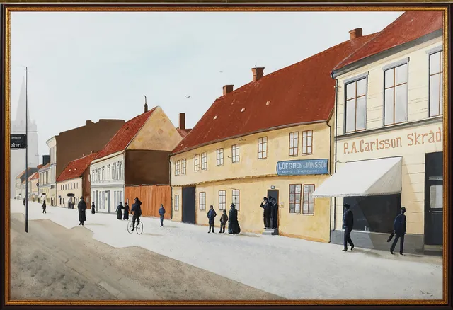THOMAS MÜLLER. Stadsbild med flanörer, akryl/olja på duk.