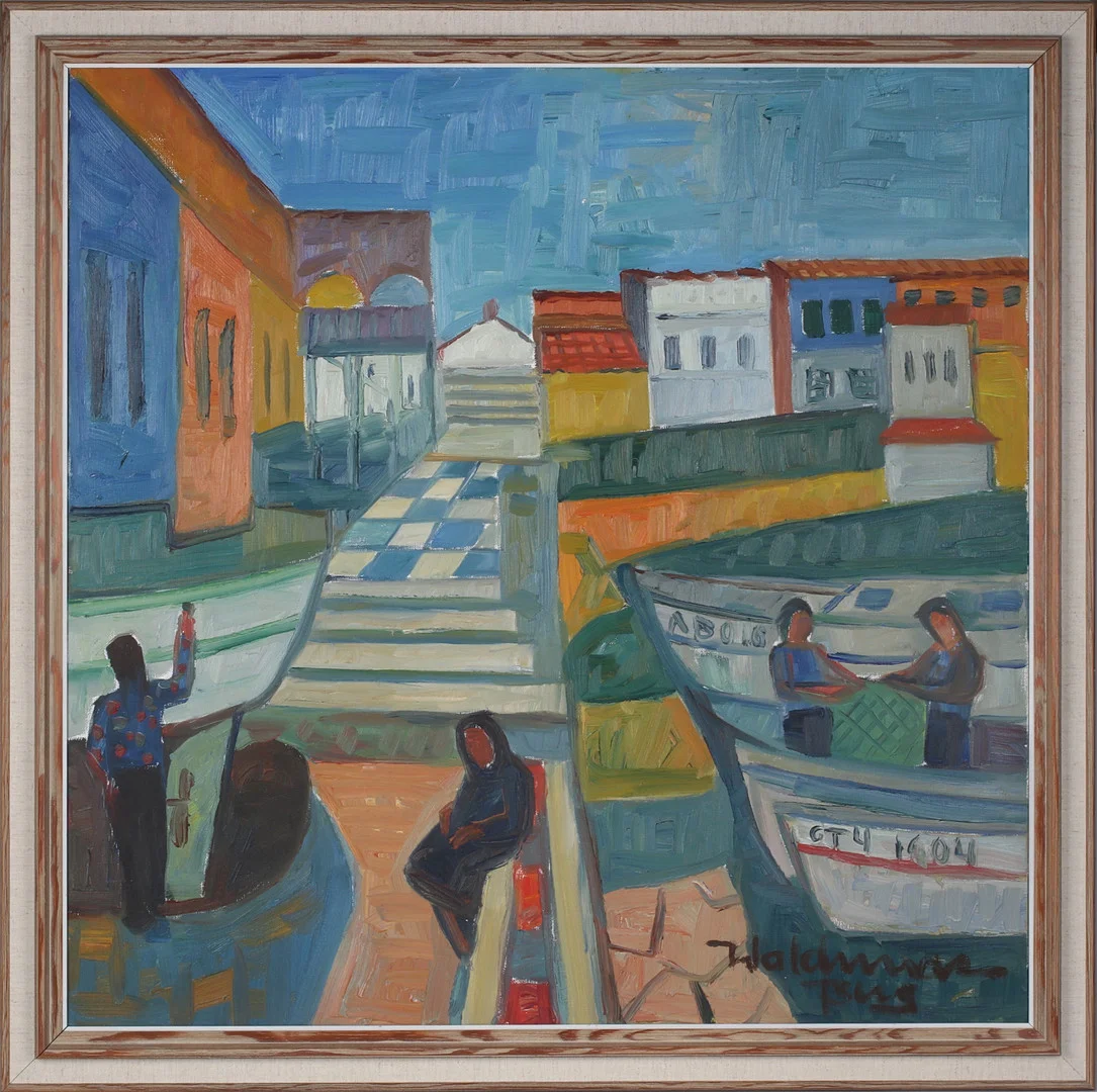 WALDEMAR BERG. "Fiskehamn, Cabo de Palo", olja på duk, signerad. — Paintings — Stadsauktion Sundsvall