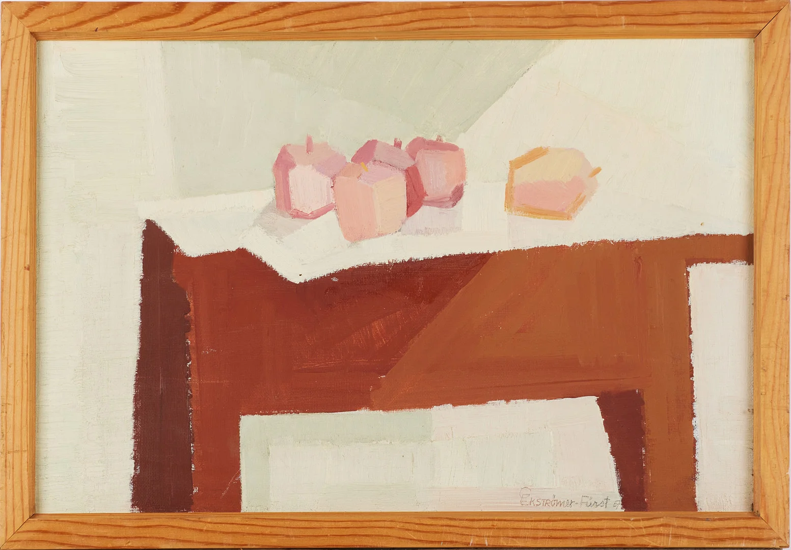 GUNILLA EKSTRÖMER FÜRST (FÖDD 1933). "Äpplen på bord", olja på duk, signerad och daterad - 57. — Paintings — Stockholms Auktionsverk Magasin 5