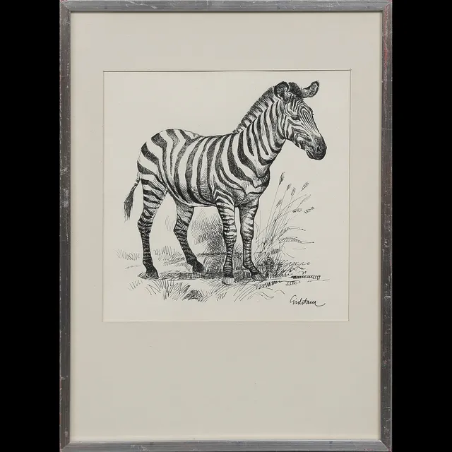 BJÖRN GIDSTAM. "ZEBRA" TECKNING, SIGNERAD, INGLASAD.
