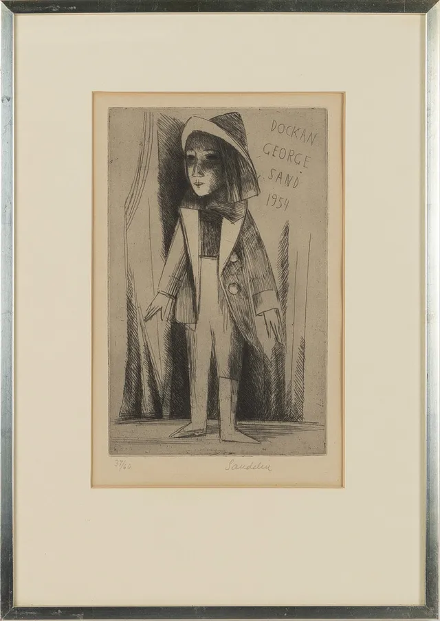 BÖRJE SANDELIN. Etsning, "Dockan George Sand 1954", signerad.