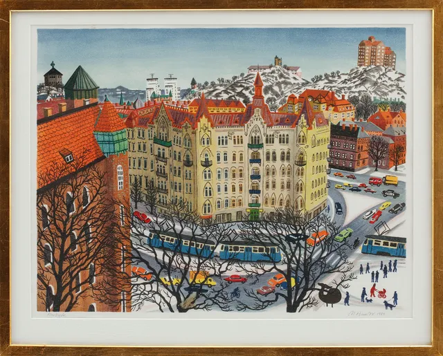 MONA HUSS WALIN. "Linneplatsen", färglitografi, provtryck.